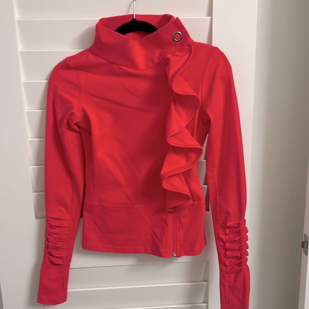 Karma Activewear Stylish Ruffle Full Zip lightweight Jacket with ruched sleeves